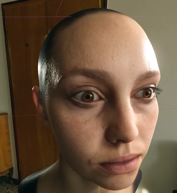 Close-up of a realistic human head with detailed skin pores, reflective highlights and brown eyes
